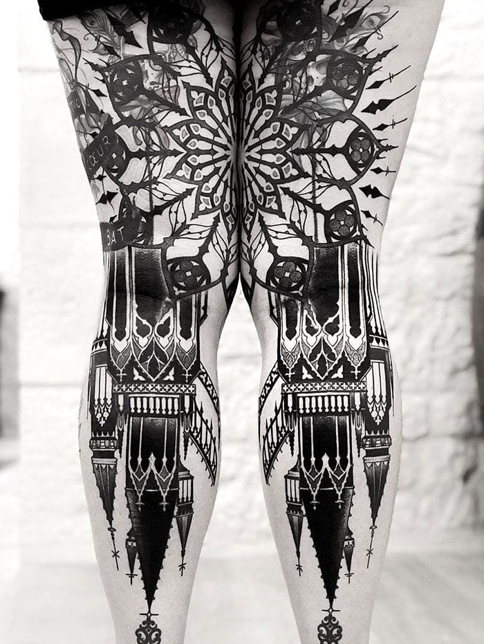 medieval art leg sleeve tattoo