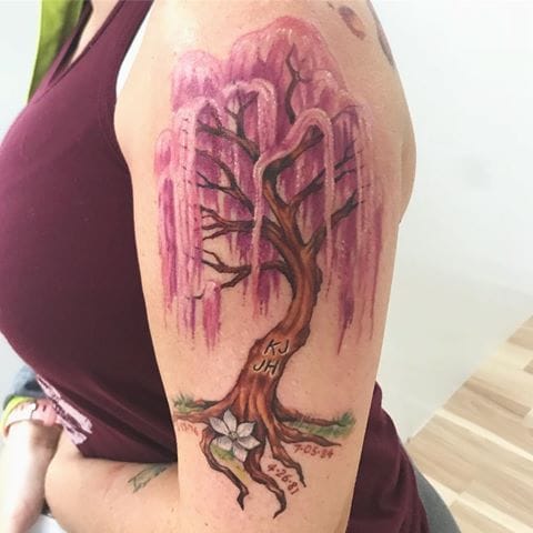 colorful willow tree tattoo