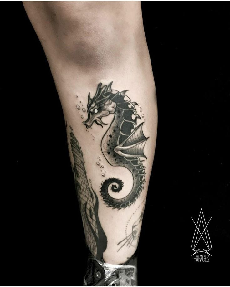 blackwork seahorse tattoo