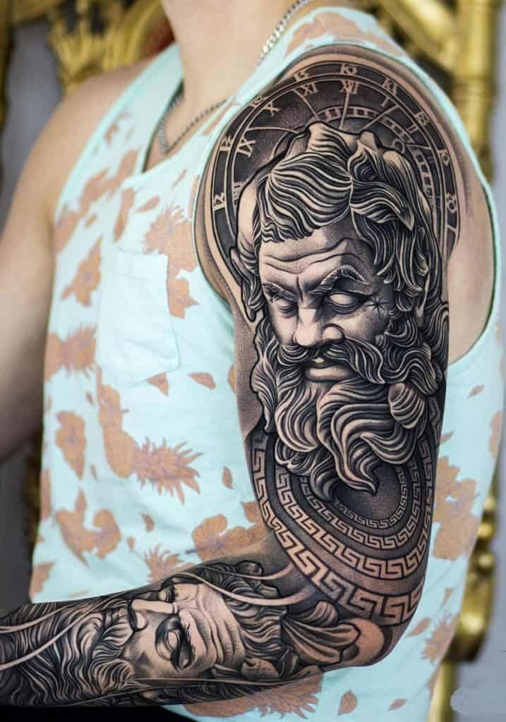 geometric zeus half-sleeve tattoo