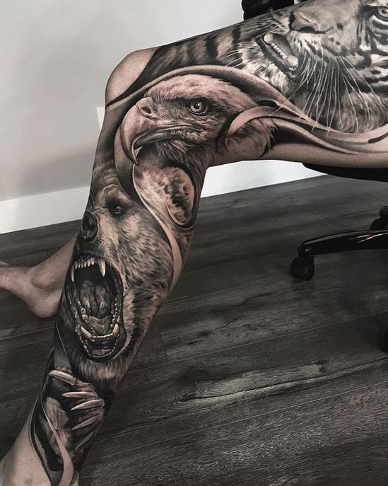 wild animals leg sleeve tattoo