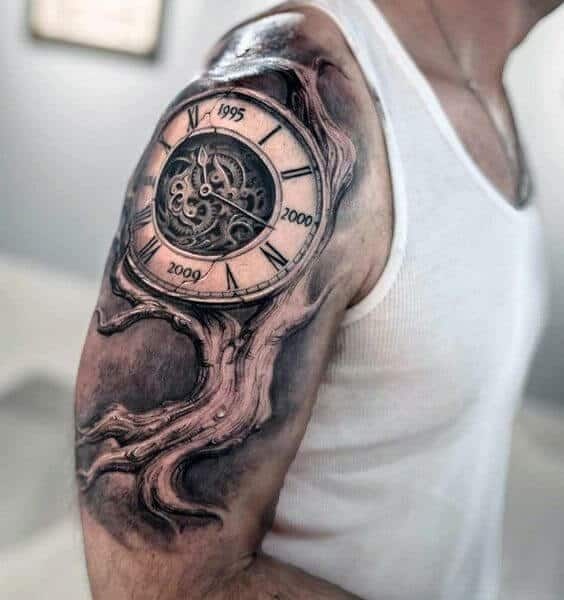 upper arm with clock tattoo in realistic style