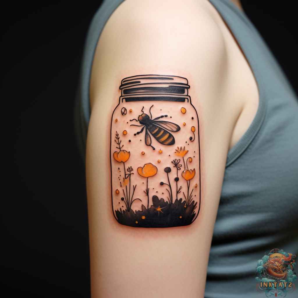 an enchanting firefly tattoo accentuating existing artwork