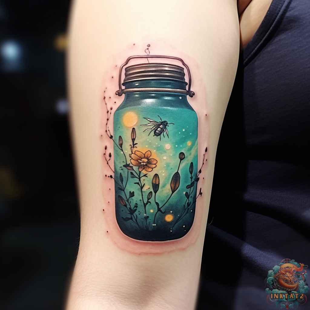 a beautiful firefly tattoo with a jar