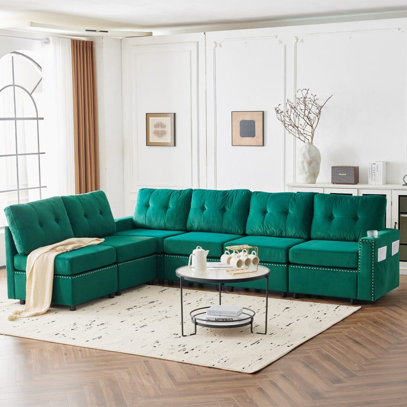 living room with chartreuse green velvet sleeper sofa with hidden mattress and storage