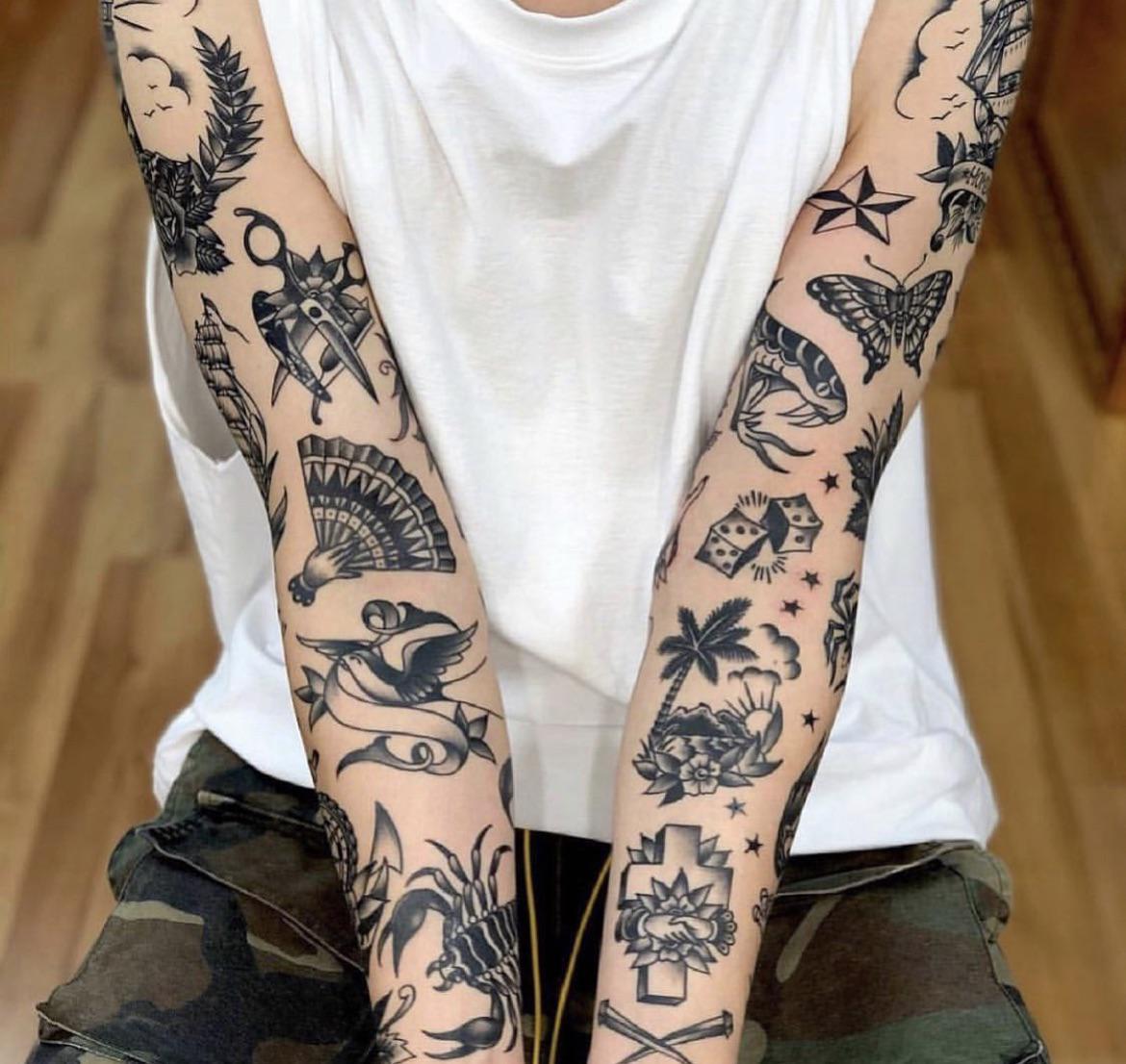 japanese patchwork sleeve tattoo