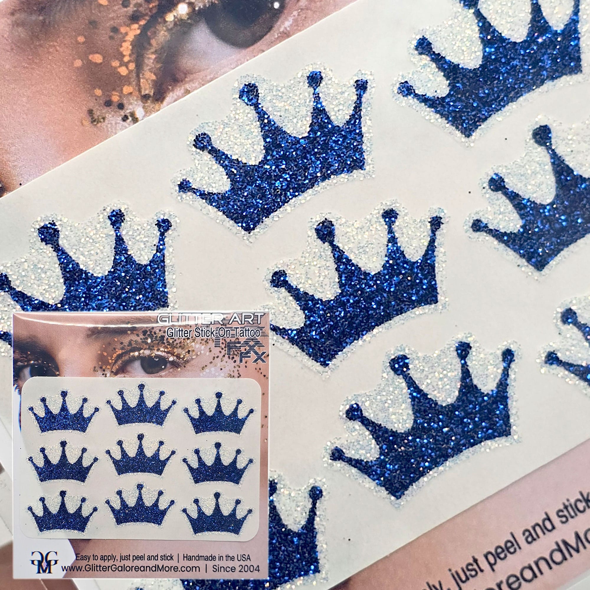 a dazzling glitter tattoo with a glitter crown