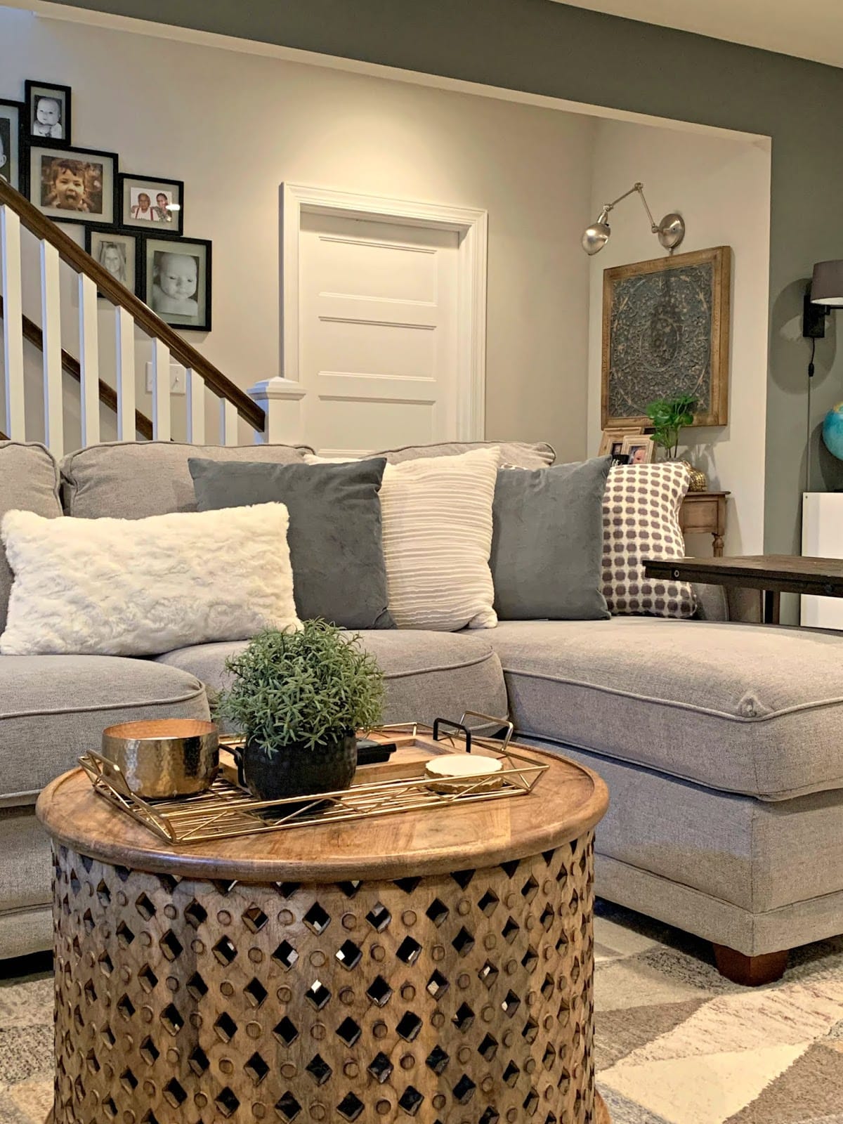 a small living room with organized trays