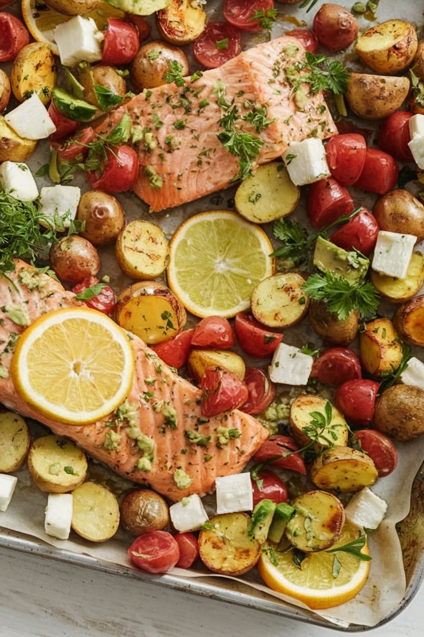 Sheet Pan Salmon with Citrus Avocado Salsa and Potatoes.