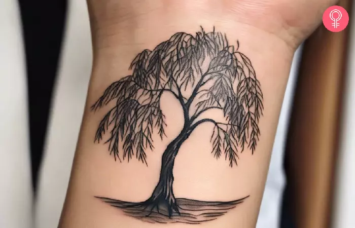 blackwork willow tree tattoo