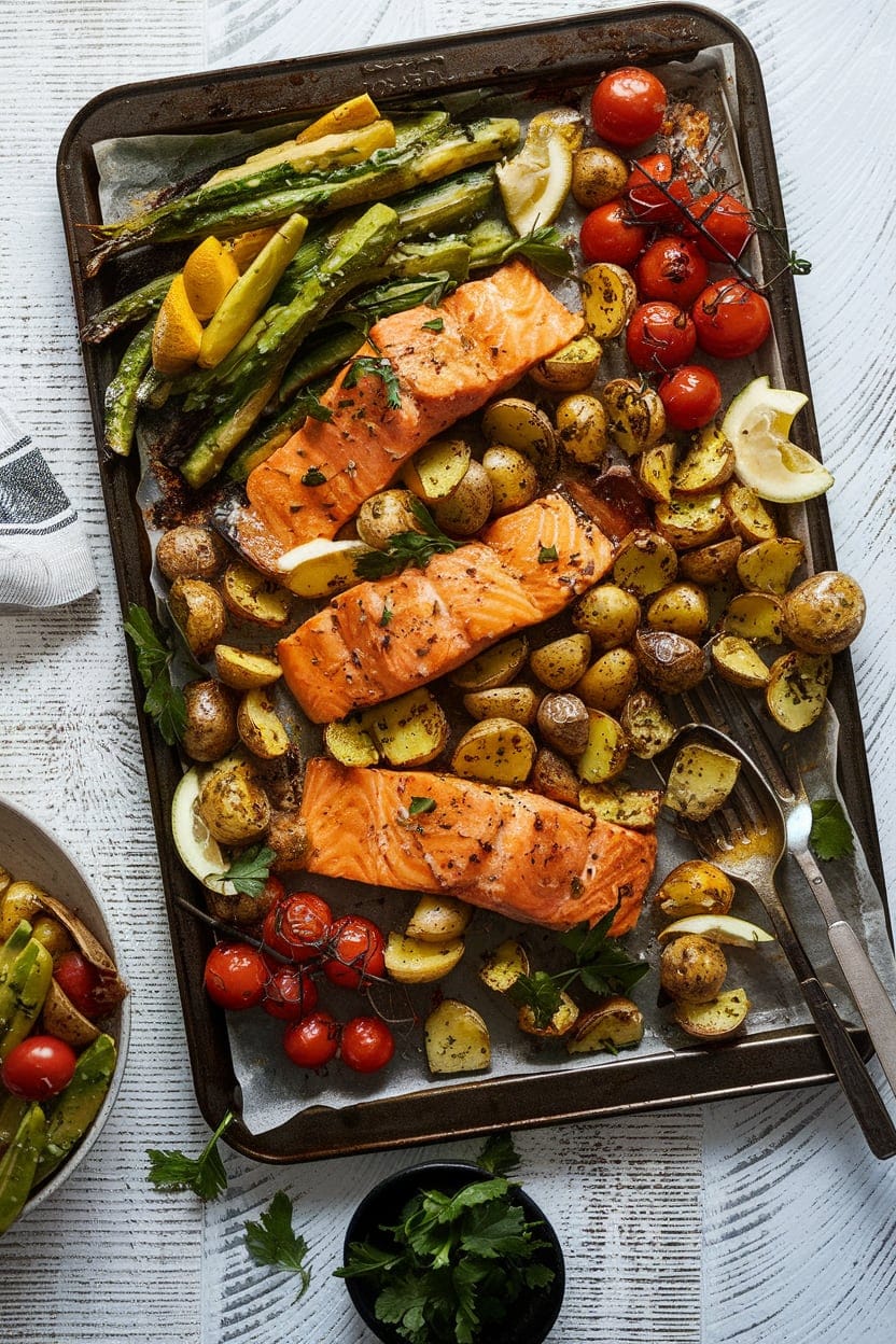 Sheet Pan Salmon with Citrus Avocado Salsa and Potatoes.
