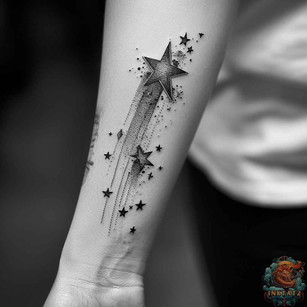 a shooting star tattoo with black and grey shading