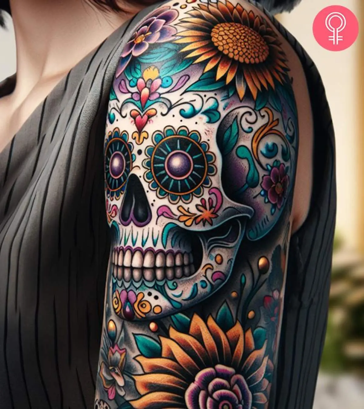 upper arm with sugar skull tattoo in vibrant colors