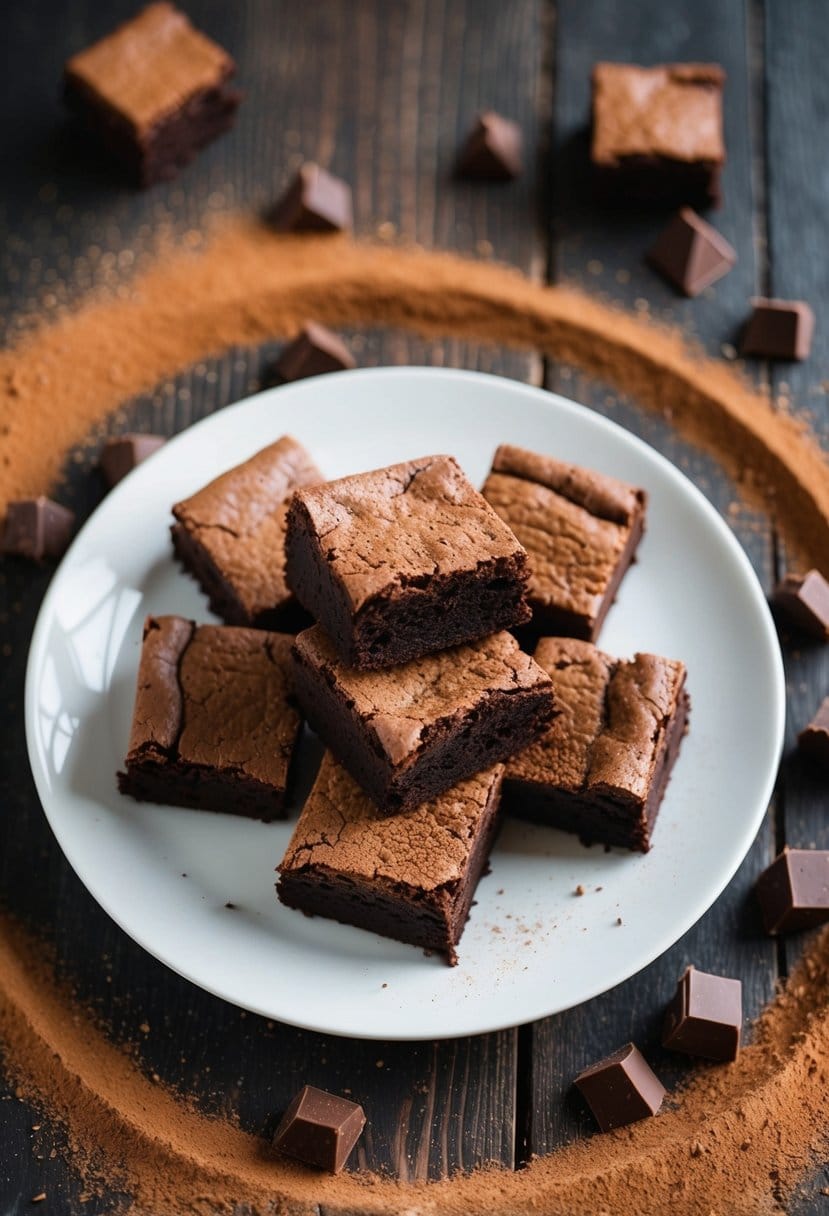 A plate of freshly baked protein brownies sits on a rustic wooden table, surrounded by scattered chocolate chunks and a dusting of cocoa powder