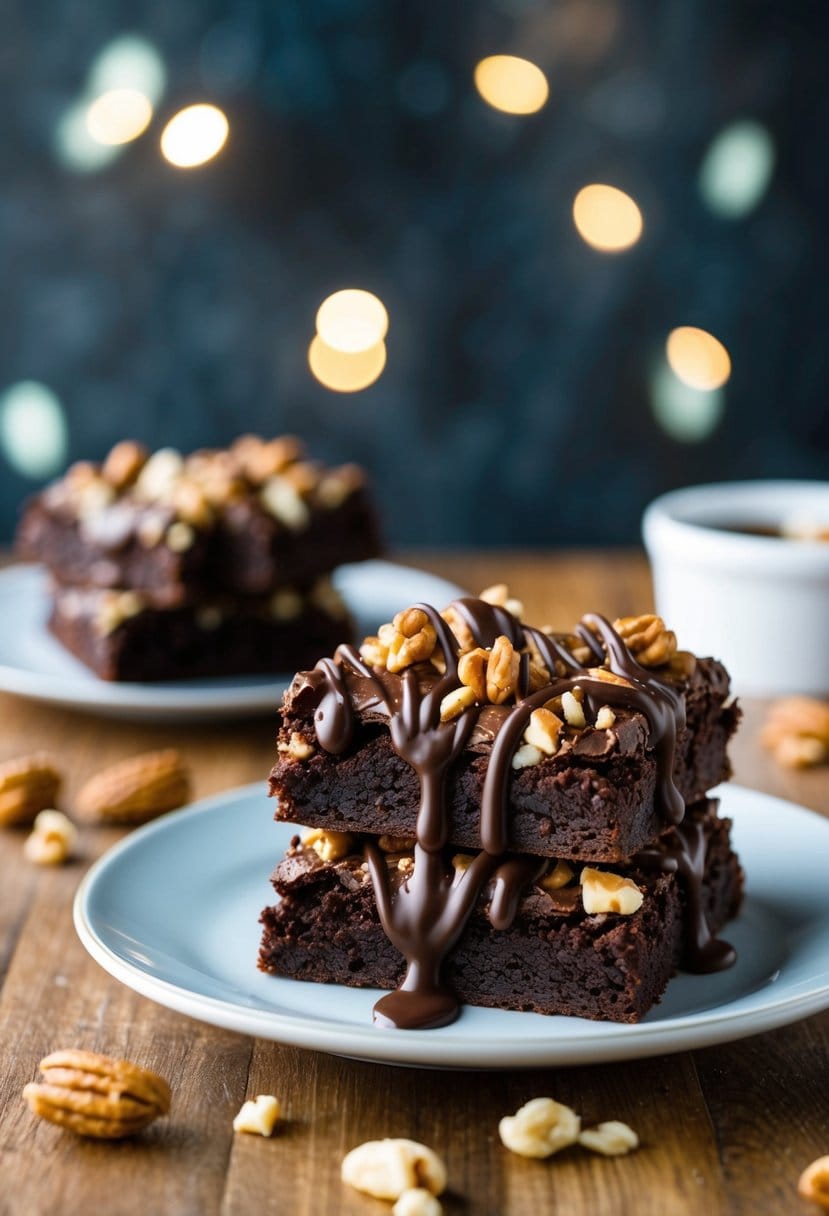 A plate of rich, fudgy brownies topped with nuts and drizzled with melted chocolate