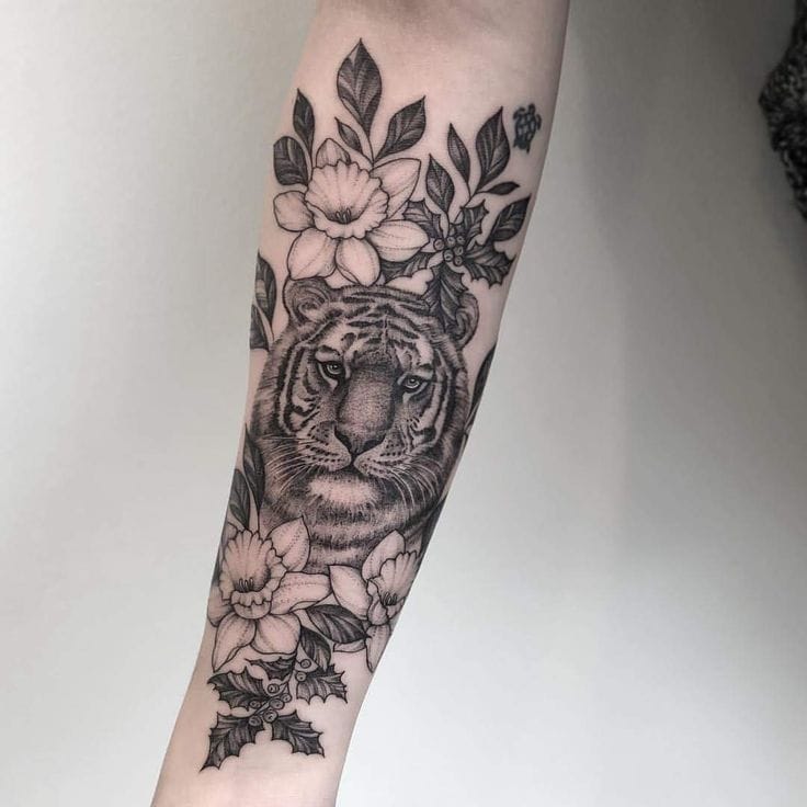 tiger with flowers tattoo