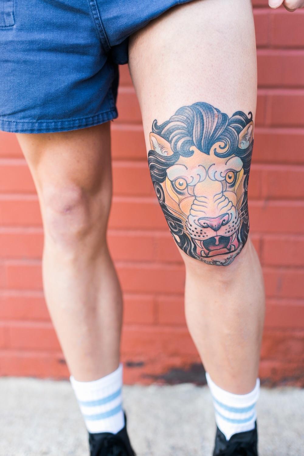 lion knee tattoo