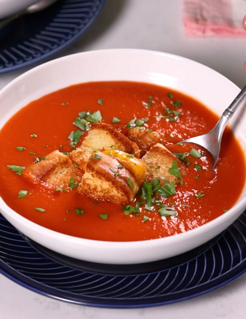 Creamy Tomato Soup with Grilled Cheese "Croutons"