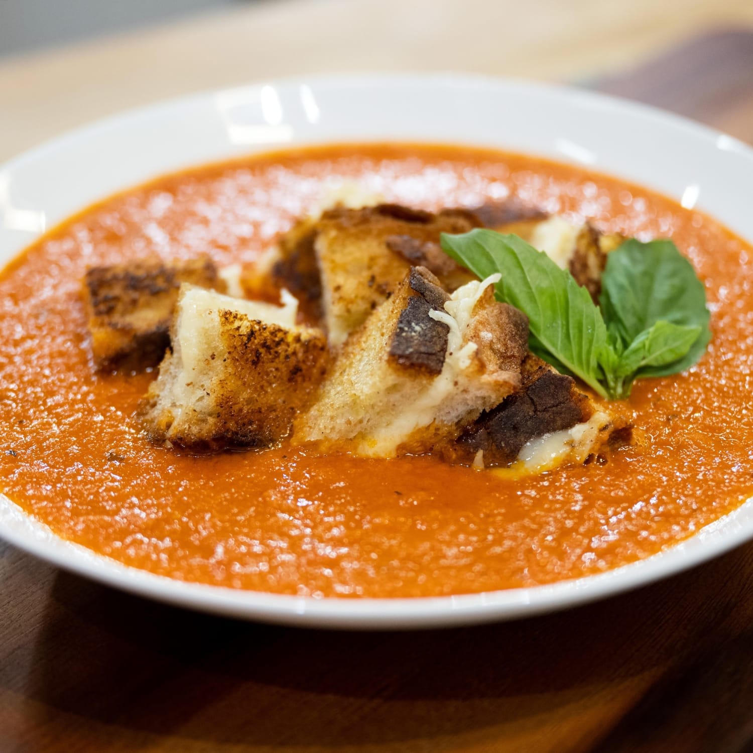 Creamy Tomato Soup with Grilled Cheese "Croutons"