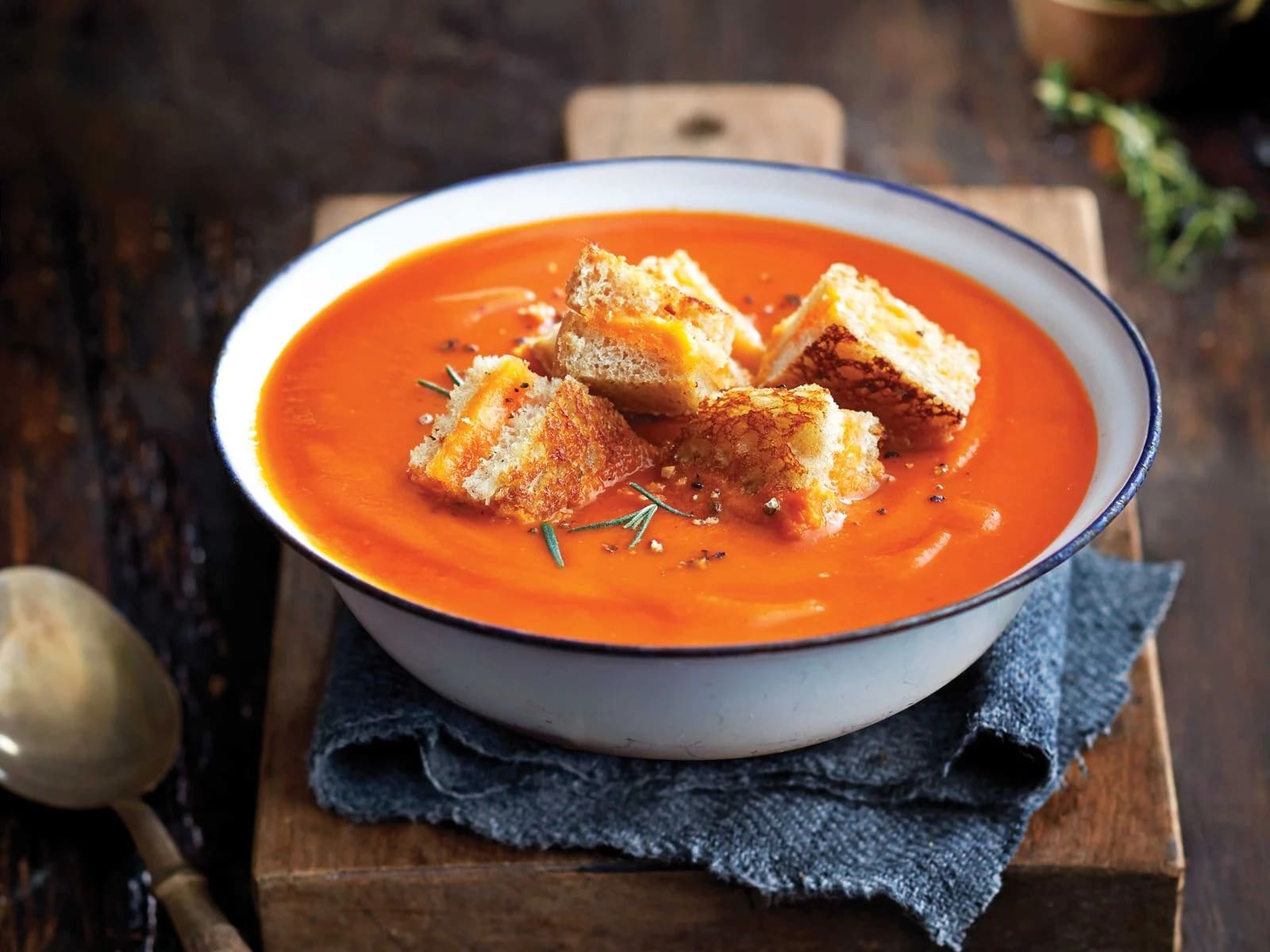 Creamy Tomato Soup with Grilled Cheese "Croutons"