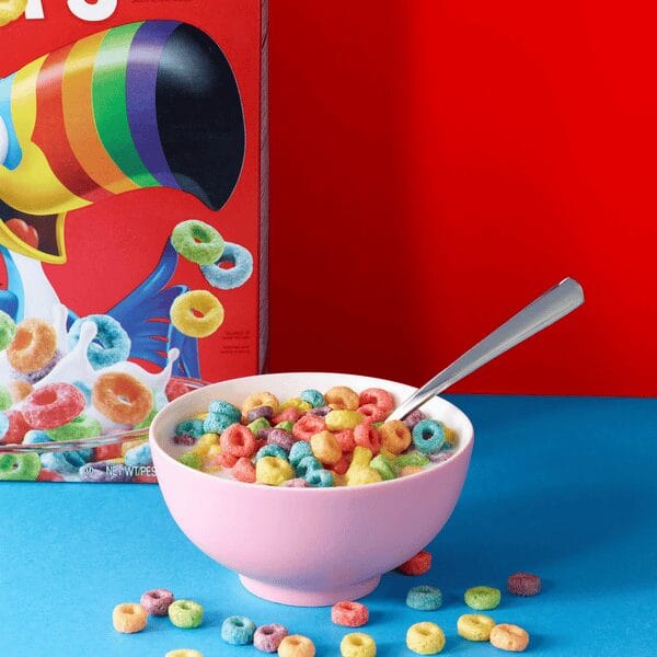 a vibrant breakfast scene with Froot Loops Cereal
