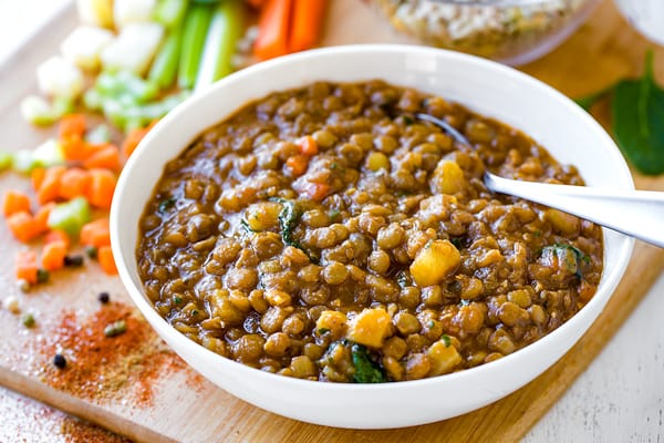 a warm bowl with lentil soup