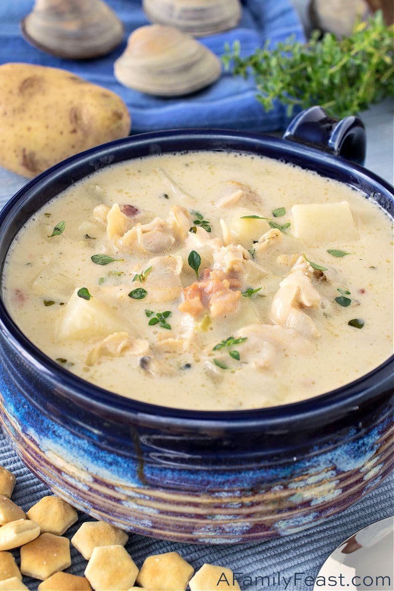 a creamy Maine clam chowder with fresh preparation