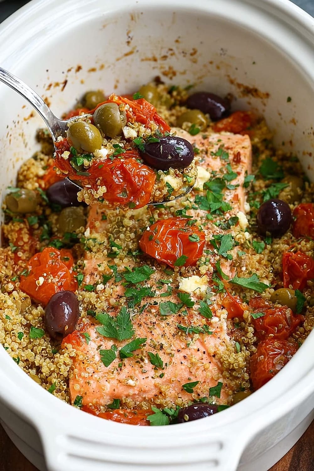 Slow Cooker Salmon With Olives, Tomatoes, and Lemony Quinoa