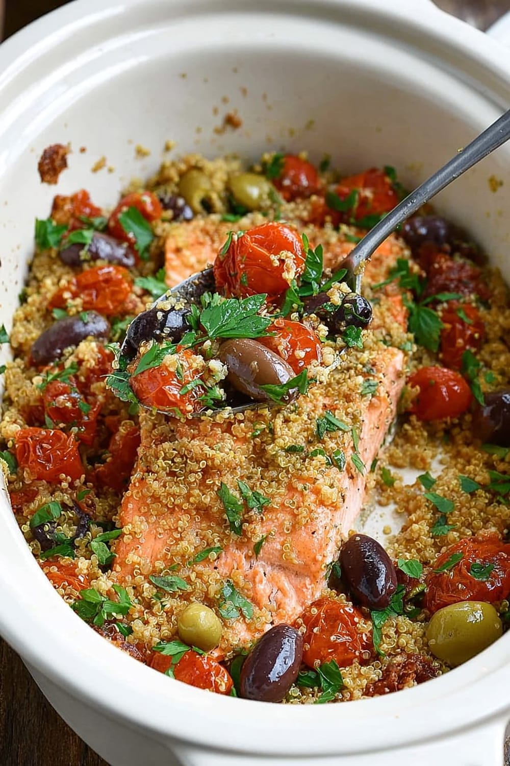 Slow Cooker Salmon With Olives, Tomatoes, and Lemony Quinoa