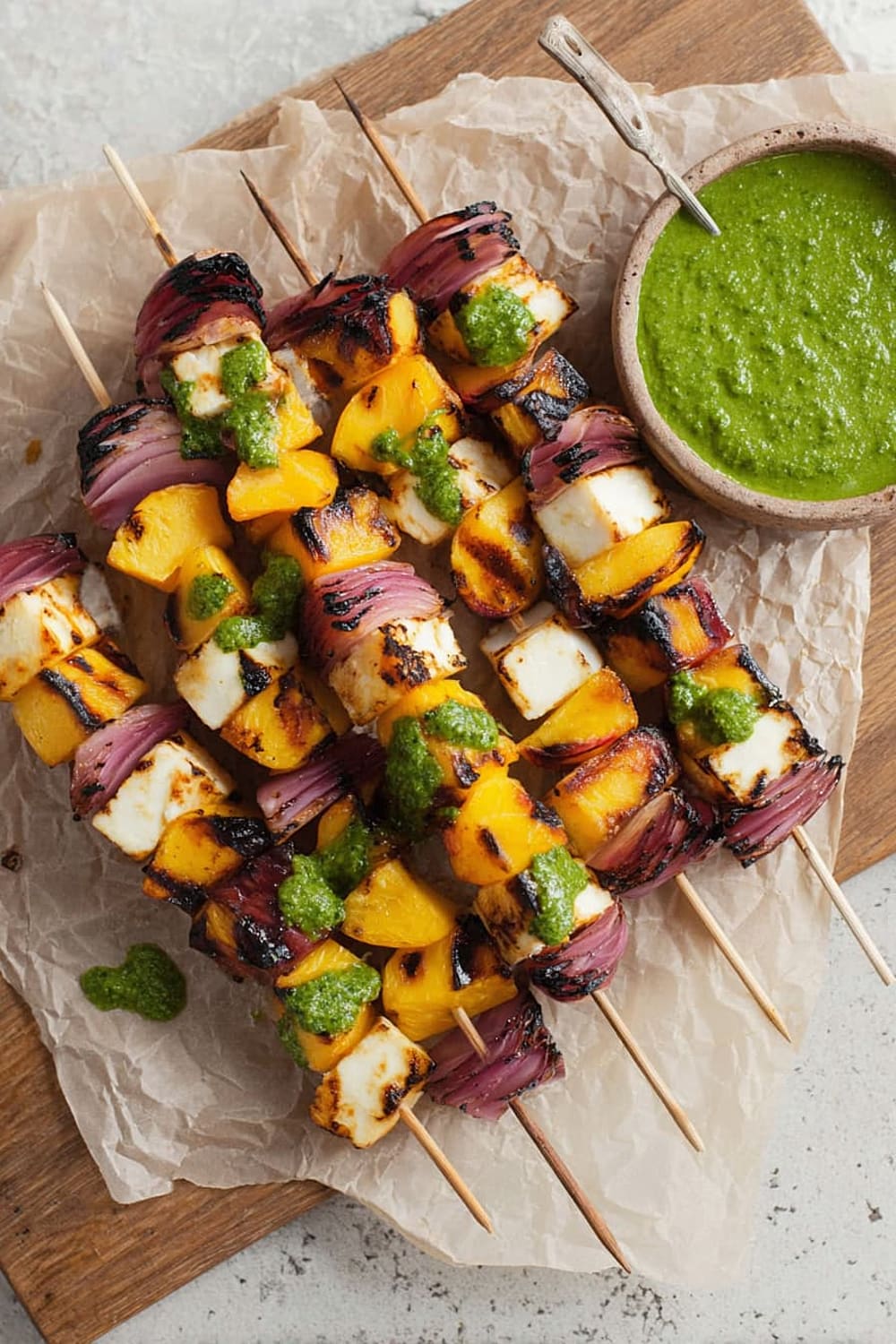 Grilled Peach and Halloumi Skewers with Basil-Jalapeno Sauce