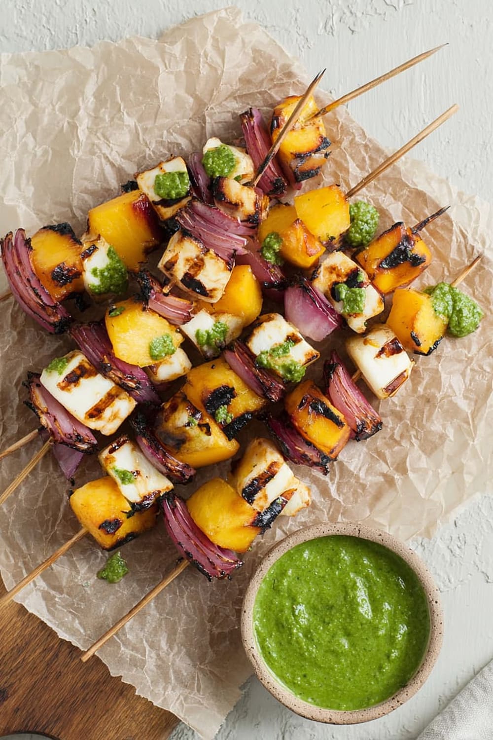 Grilled Peach and Halloumi Skewers with Basil-Jalapeno Sauce