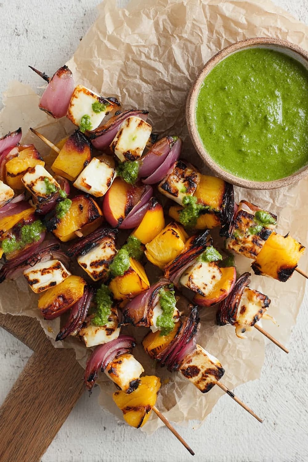 Grilled Peach and Halloumi Skewers with Basil-Jalapeno Sauce