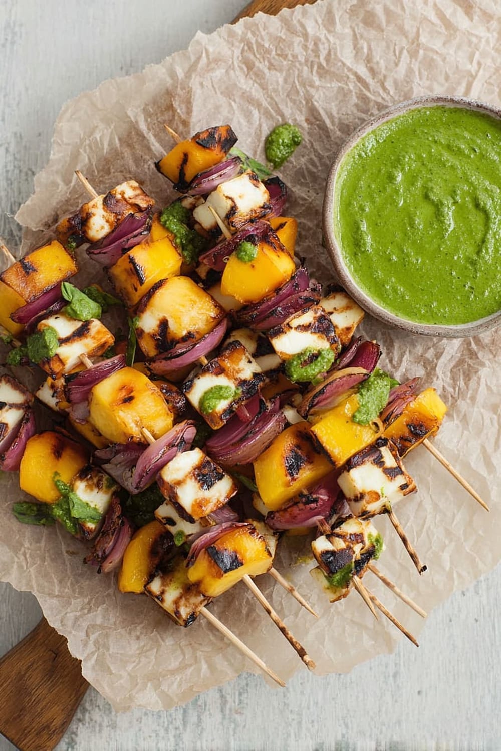 Grilled Peach and Halloumi Skewers with Basil-Jalapeno Sauce