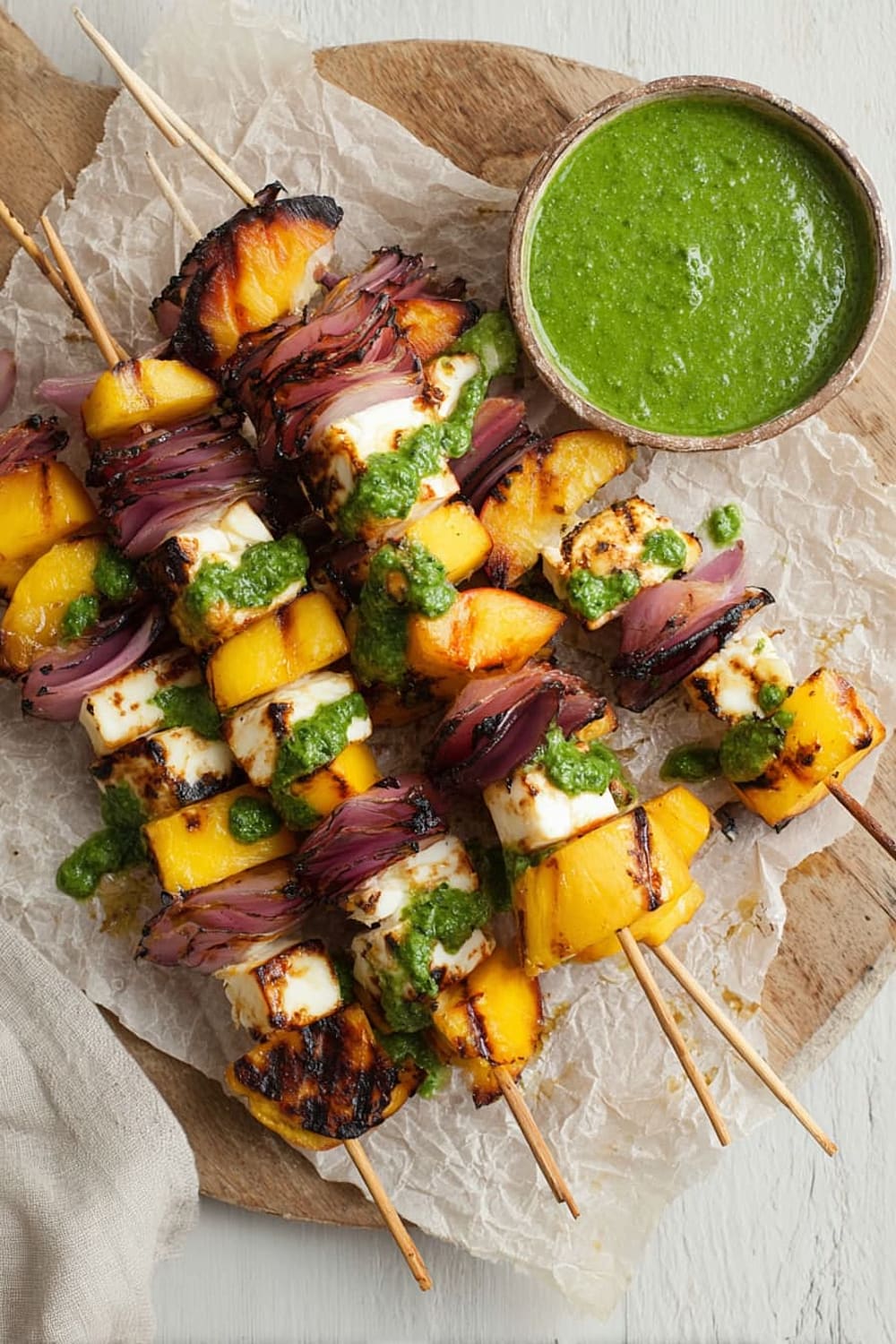 Grilled Peach and Halloumi Skewers with Basil-Jalapeno Sauce