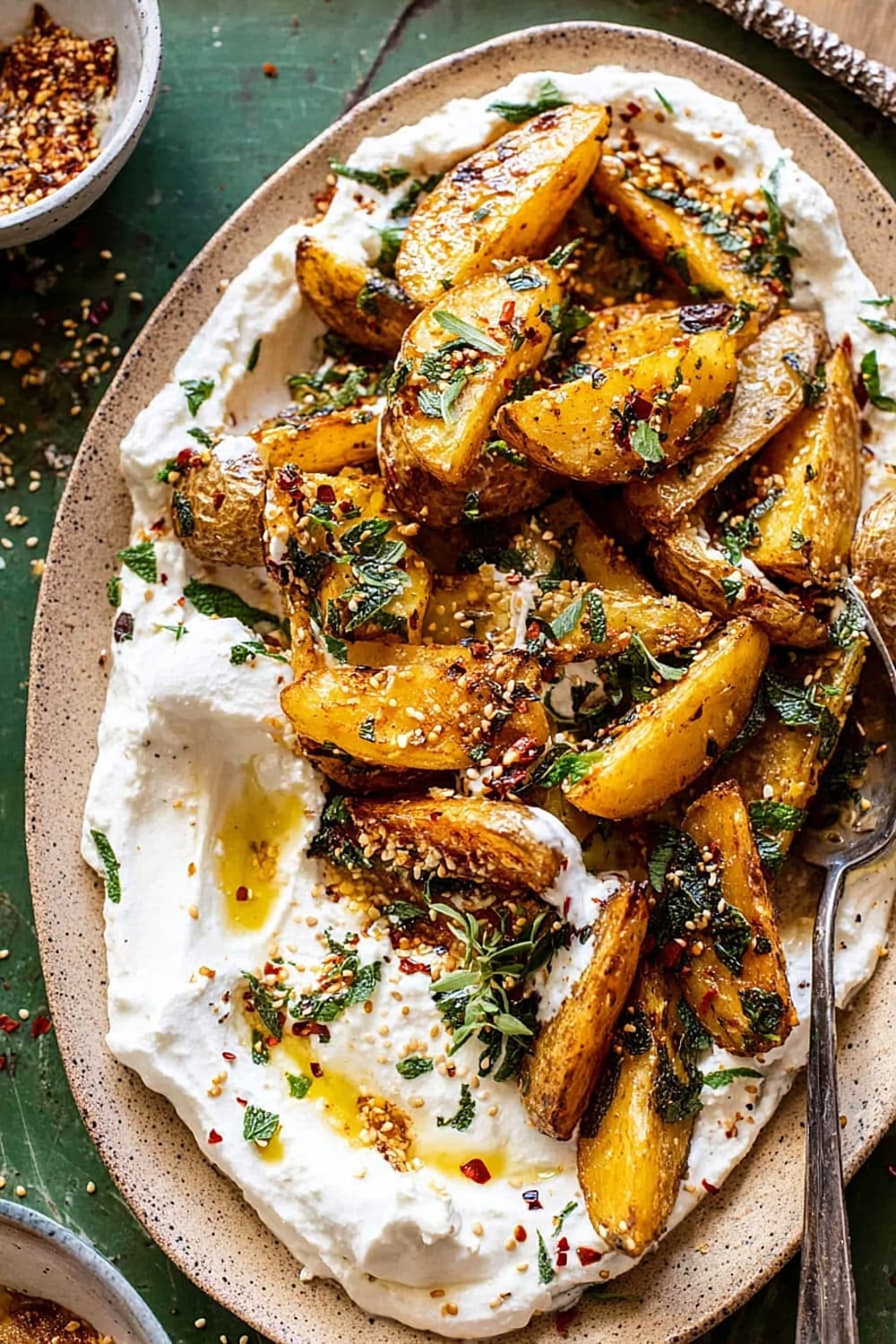 Crispy Oregano Roasted Potatoes with Creamy Feta Sauce