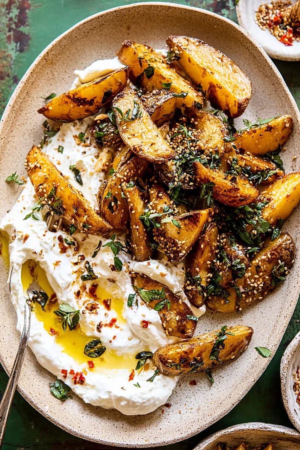 Crispy Oregano Roasted Potatoes with Creamy Feta Sauce