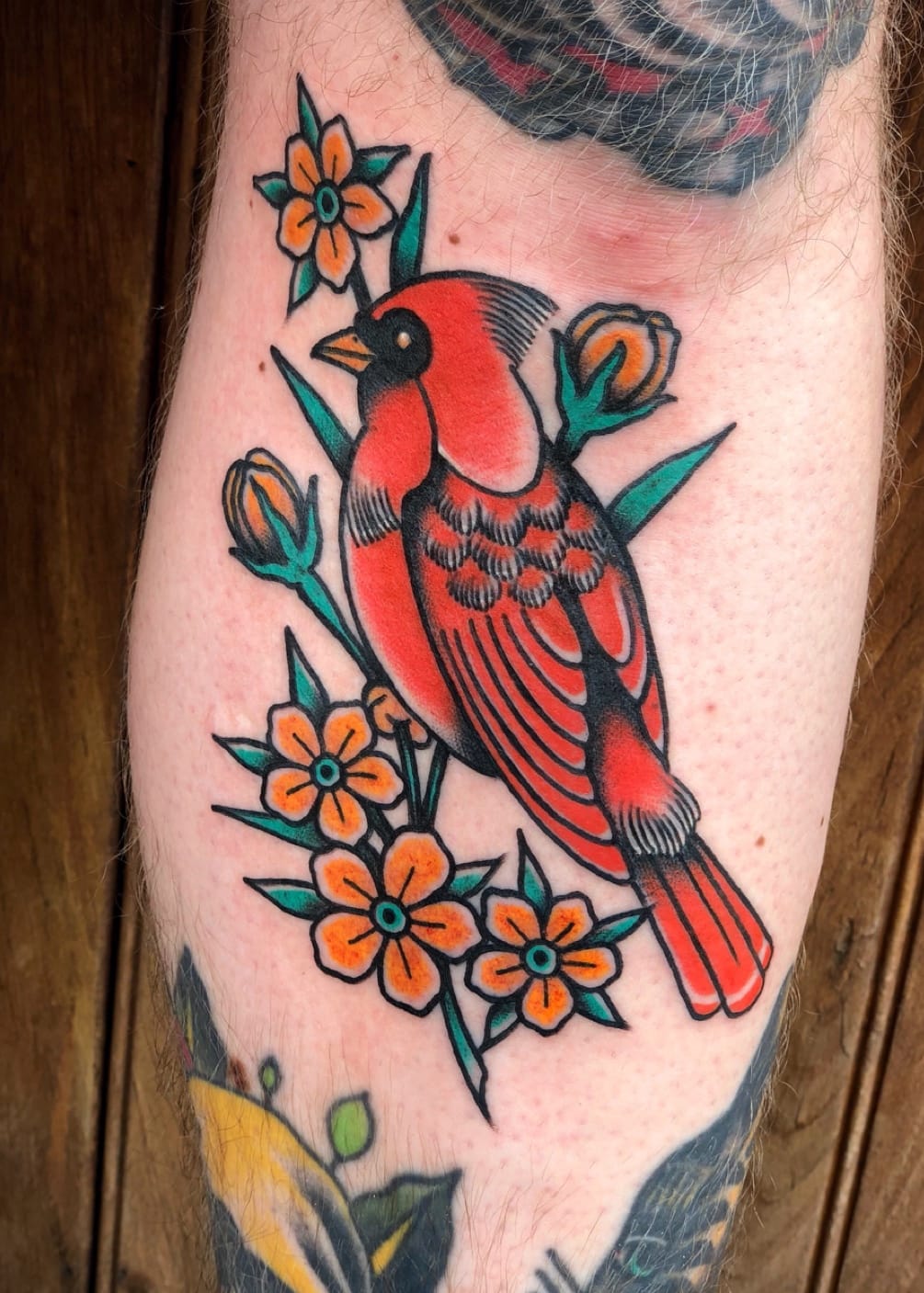 Perched among delicate orange blossoms, this cardinal tattoo radiates warmth through its bold traditional styling and rich red hues 🌸 The artist's attention to feather detail and classic black linework creates a timeless piece that perfectly balances nature's beauty with old-school tattoo craftsmanship. Notice how the flowing branch composition guides your eye naturally around the design, making this leg piece feel both grounded and graceful.