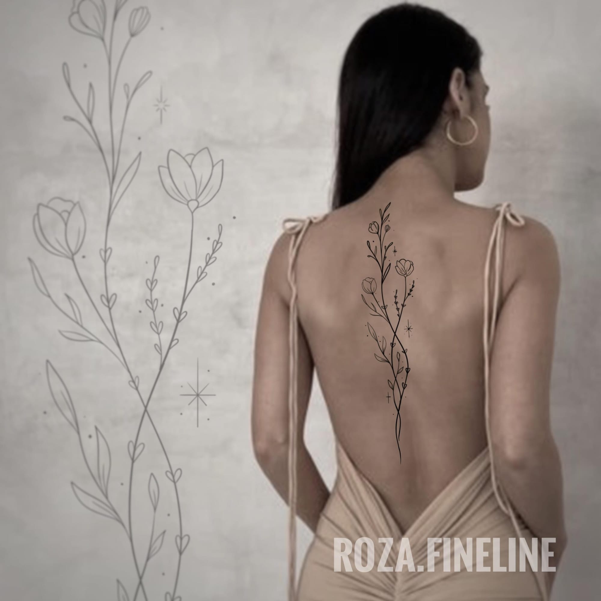 Delicate botanical artistry flows down the spine in this stunning fine line design, featuring intertwining stems adorned with small blooms and celestial accents ✨ The minimalist black ink creates an ethereal garden that follows the natural curve of the back, making it feel like the flowers are growing directly from within.
