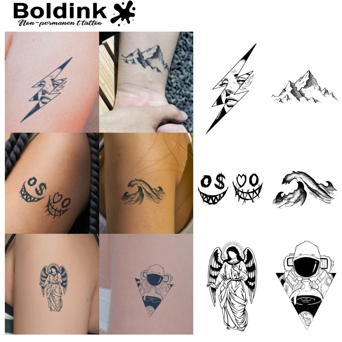 Looking for your next ink inspiration? ✨ This collection showcases Boldink's stunning non-permanent tattoo designs that let you experiment with bold body art without the lifetime commitment. From geometric lightning bolts and mountain ranges to mystical angels and space explorers, these temporary pieces prove you can rock serious artistic flair while keeping your options open - perfect for testing out placement and style before going permanent!
