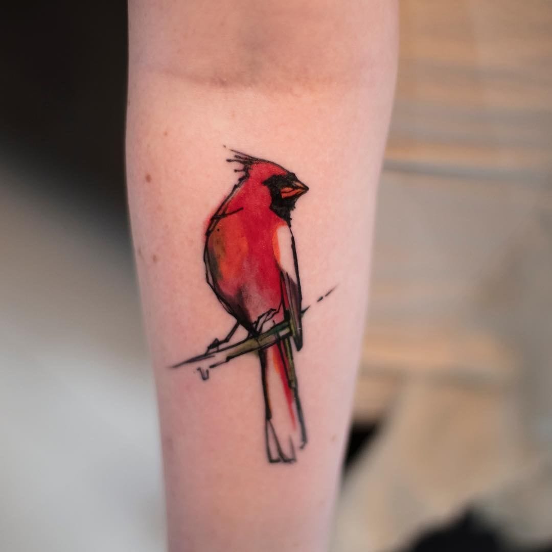 Perched gracefully on the forearm, this vibrant cardinal tattoo captures nature's most beloved songbird in stunning watercolor detail. The artist's masterful use of crimson and coral hues brings the feathered subject to life, while delicate linework defines the branch beneath its tiny claws 🕊️ A perfect tribute to resilience and hope that's both elegant and eye-catching.
