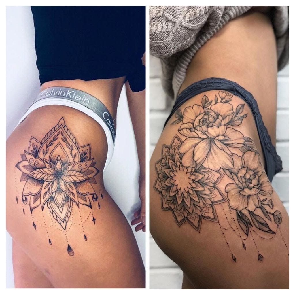 Mandala meets botanical beauty in this stunning hip piece that flows like liquid art across the thigh. The intricate geometric lotus design on the left evolves into a lush peony garden on the right, connected by delicate dotwork chains that create mesmerizing movement. Perfect proof that tattoos can tell a story of transformation and growth 🌸