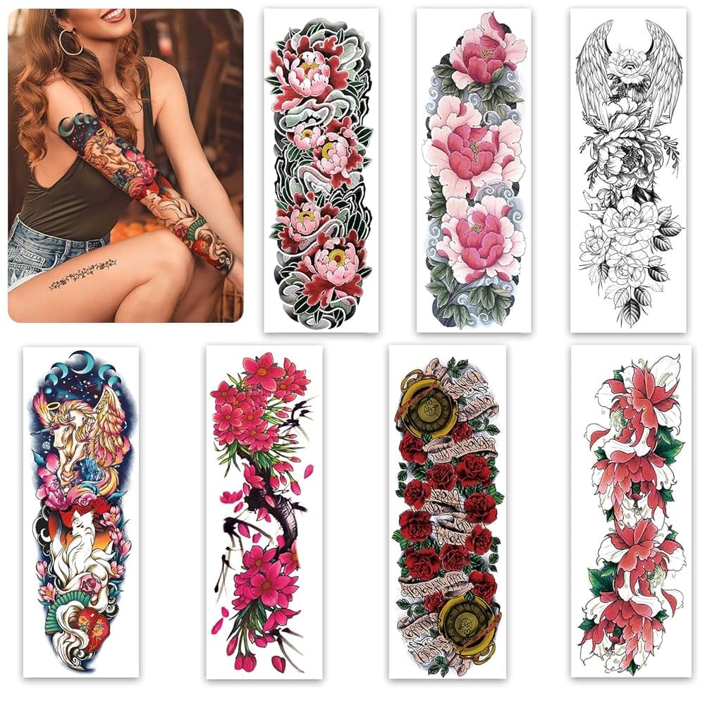 **Botanical Drama Meets Eastern Artistry** 🌸
Seven stunning temporary tattoo designs that transform your skin into a living canvas! From delicate cherry blossoms dancing up your forearm to fierce dragons wrapped in peony petals, these full-sleeve masterpieces blend traditional Japanese irezumi with modern botanical beauty. Perfect for festival season or testing out that dream tattoo placement before committing to the real deal.