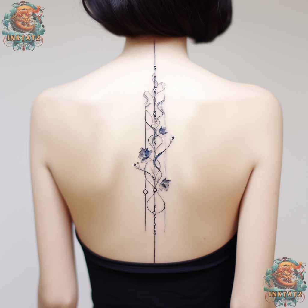 Delicate vines intertwine with geometric precision along this stunning spine piece, where blue flowers bloom against minimalist line work ✨ The perfect marriage of botanical beauty and modern design creates an ethereal pathway down the back. Such elegant proof that spine tattoos can be both bold and beautifully feminine.