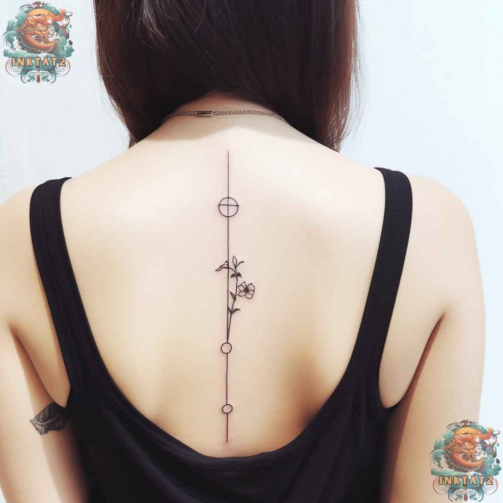 Delicate geometry meets botanical beauty in this stunning spine tattoo that transforms the backbone into a living garden path 🌸 The precise linework creates perfect symmetry as circles frame a blooming flower, proving that minimalist designs can make the most powerful statements. Pure poetry written in ink down the center of the back.