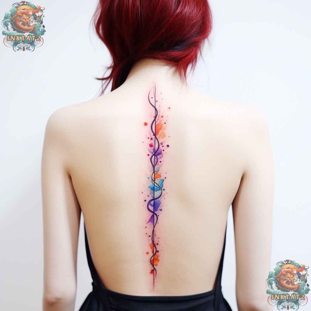 Flowing like liquid stardust down the spine, this watercolor DNA helix transforms scientific beauty into pure art ✨ The vibrant splashes of orange, purple, and blue create an ethereal galaxy effect that makes the double helix appear to be dissolving and reforming in real-time. It's a stunning celebration of the building blocks of life rendered in the most dreamy, artistic way possible.