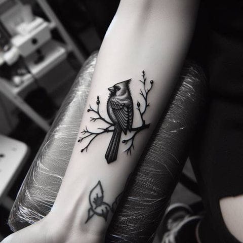 Delicate branches cradle a beautifully detailed bird in this striking forearm piece, where fine linework meets bold black ink to create stunning contrast. The artist's mastery shines through in every feather and twig, while the wraparound placement follows the natural curve of the arm perfectly 🖤 Below, a smaller botanical element adds balance to this nature-inspired composition that feels both timeless and contemporary.