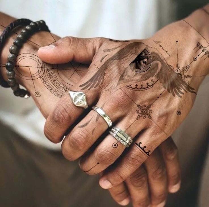When hands become a canvas for mystical storytelling, magic happens ✨ This intricate palm tattoo features what appears to be a hooded figure emerging from geometric patterns and ancient symbols, creating an otherworldly effect that's both haunting and beautiful. The detailed linework flows seamlessly across the natural contours of the hands, transforming an everyday gesture into a mesmerizing work of dark art.