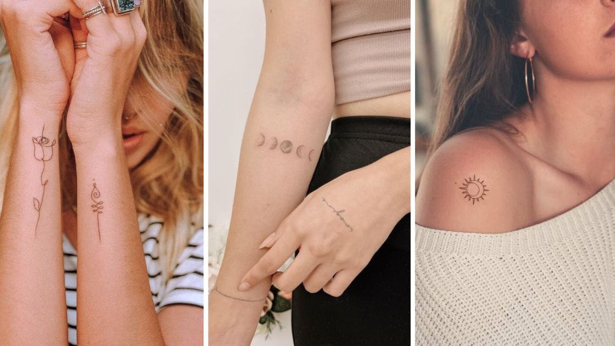 Delicate line work transforms simple symbols into powerful personal statements across three stunning placements. The minimalist tulip and mystical symbol on the forearms create perfect symmetry, while celestial moon phases dance along the wrist and a radiant sun crowns the shoulder with geometric precision ✨ Each piece showcases how fine line tattoos can whisper rather than shout, proving that sometimes the most understated ink makes the boldest impression.