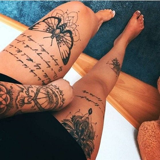Delicate script cascades down sun-kissed thighs like poetry in motion, punctuated by intricate mandala florals that bloom across the skin in perfect symmetry. The strategic placement creates a mesmerizing visual flow that transforms these legs into a living canvas of feminine artistry ✨