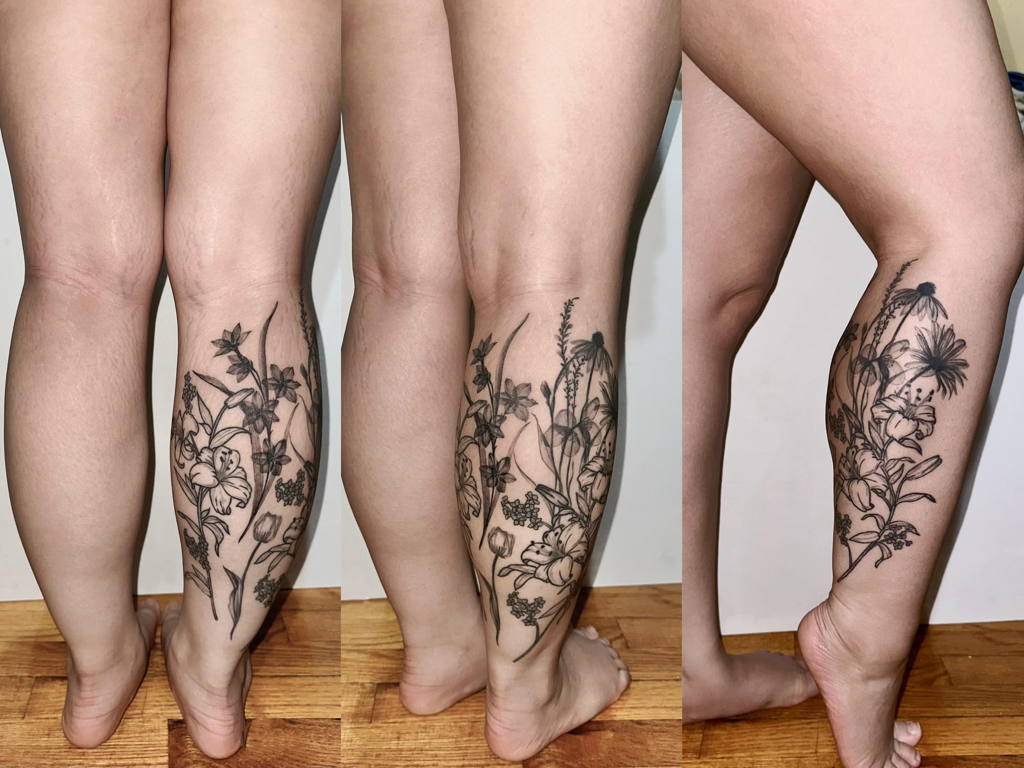 Delicate botanical artistry blooms across this calf in stunning black linework, creating a garden that moves with every step. The wraparound placement showcases wildflowers, leaves, and natural elements that seem to grow organically up the leg, transforming skin into a living canvas. 🌿 Perfect inspiration for anyone dreaming of elegant floral ink that celebrates nature's untamed beauty.